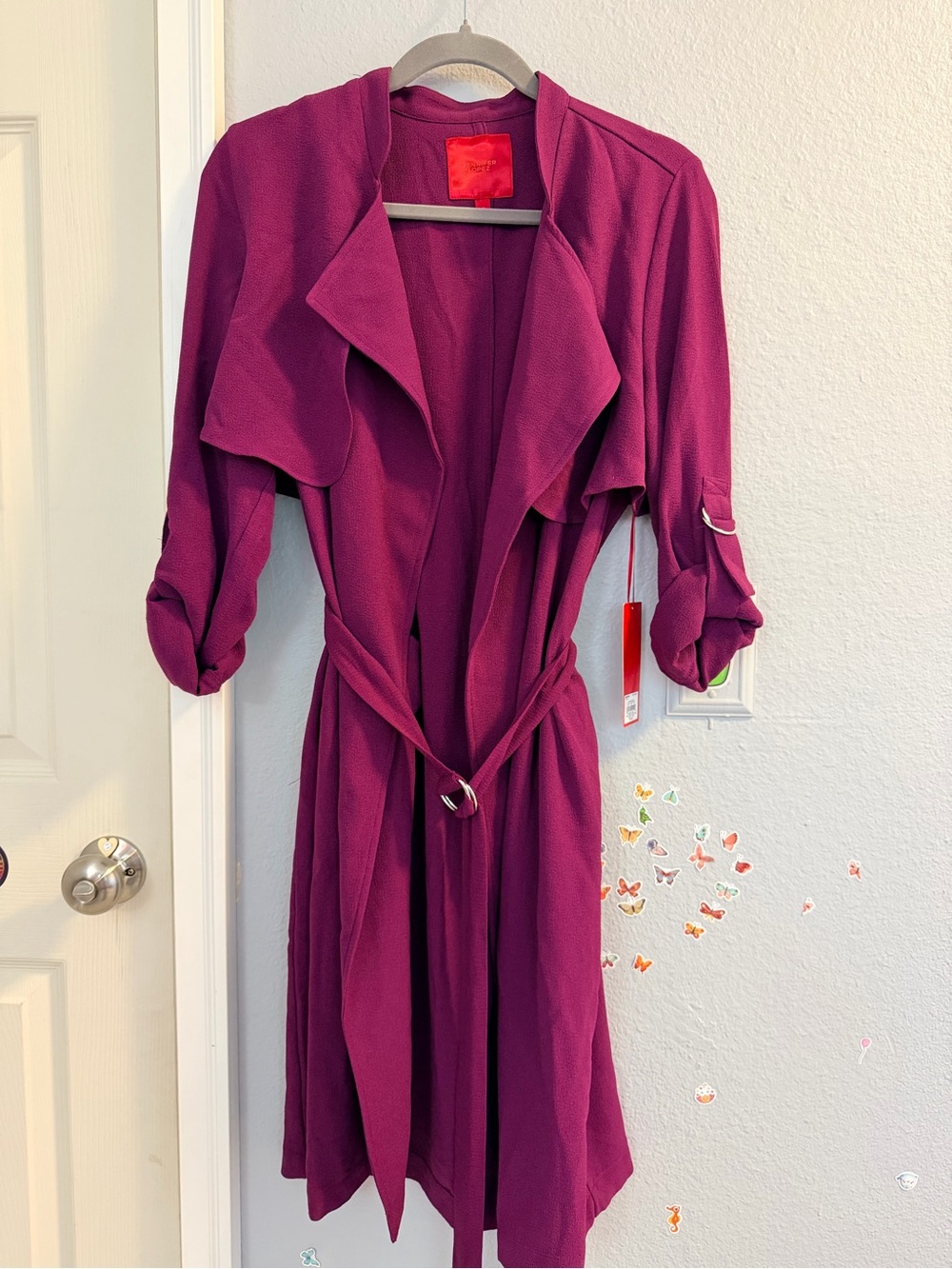 Jennifer Lopez Women's Magenta Drape Front Belted Long Sleeve Dress